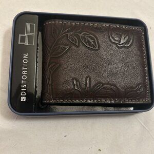 Distortion Men’s Wallet Brand new bifold  brown w/ beige stitching & embroider